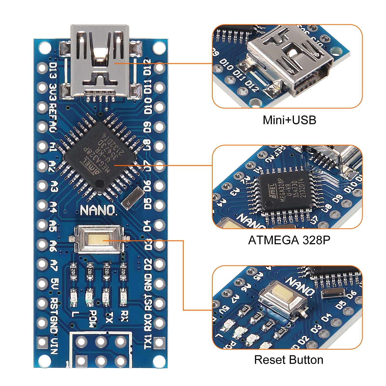 DWEII 2 PCS Nano Board V3.0 ATmega328P with 2Pcs Cable Compatible
